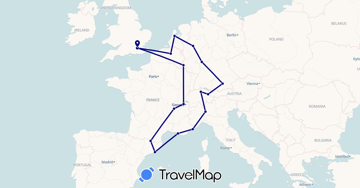 TravelMap itinerary: driving in Andorra, Belgium, Switzerland, Germany, Spain, France, United Kingdom, Italy, Liechtenstein, Luxembourg, Monaco, Netherlands (Europe)